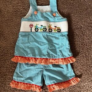 Blue and Orange Kids' Outfit with Bicycle Design